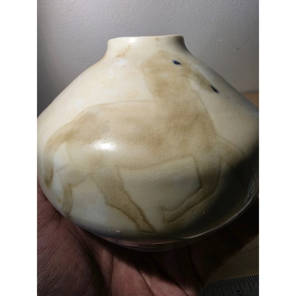 Vintage Celia Cole Pottery Vase Hand-Painted Horse Motif Signed Sanford NC